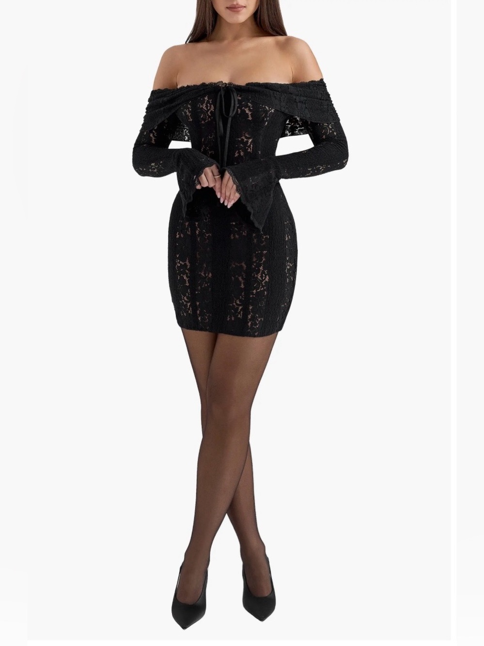 House of CB Black Off-Shoulder Lace Long-Sleeve Mini Dress Size M
